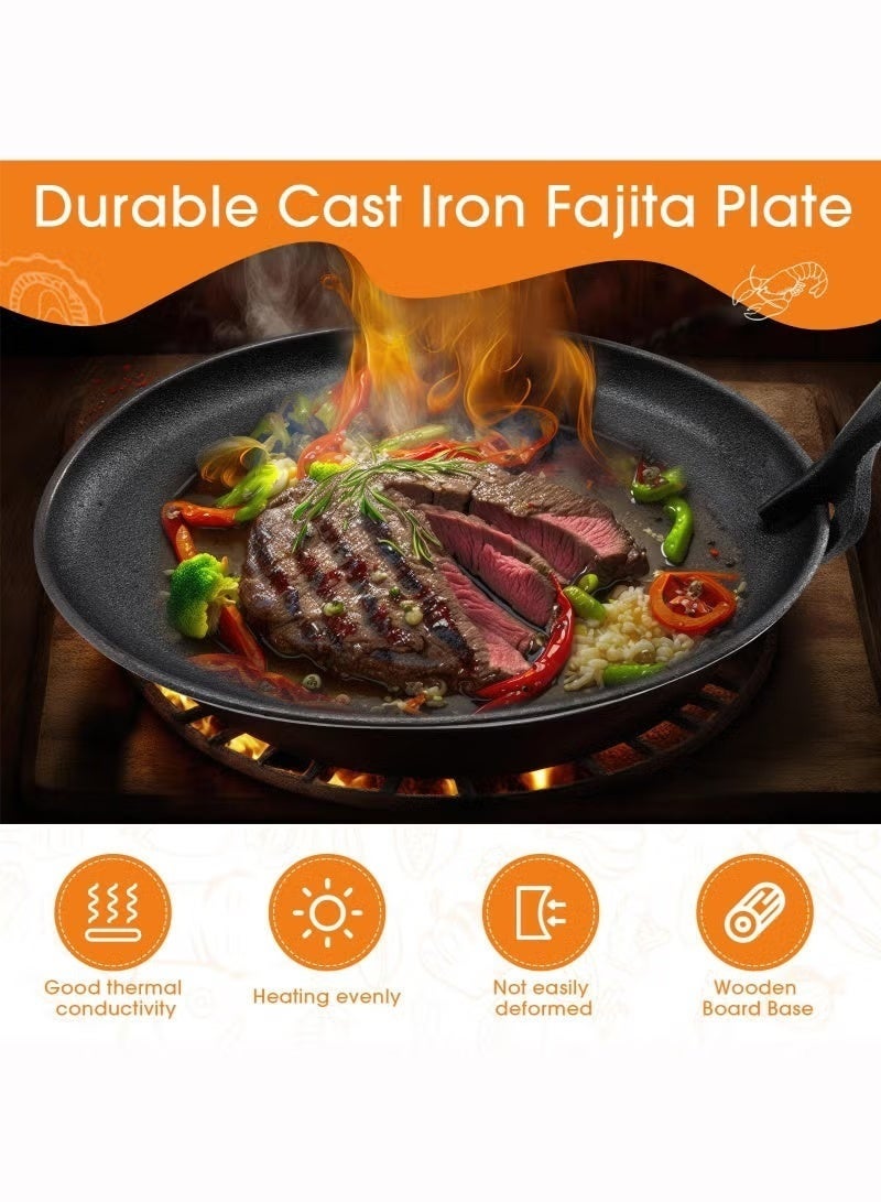 WALALLA 2 Sets Cast Iron Skillet Set, Fajita Plate Sizzling Pan with Wooden Base Anti Scald Protection Removable Handle for Restaurant Kitchen Cooking Accessory BBQ Party - Image 5
